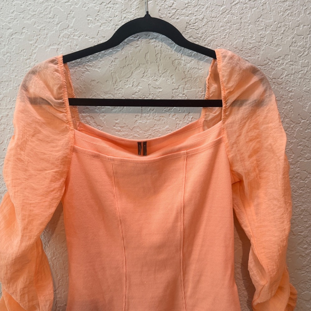 Anthropologie Ribbed Puff Sleeve Top Size S Peach Romantic Cottagecore Boho - Picture 3 of 6
